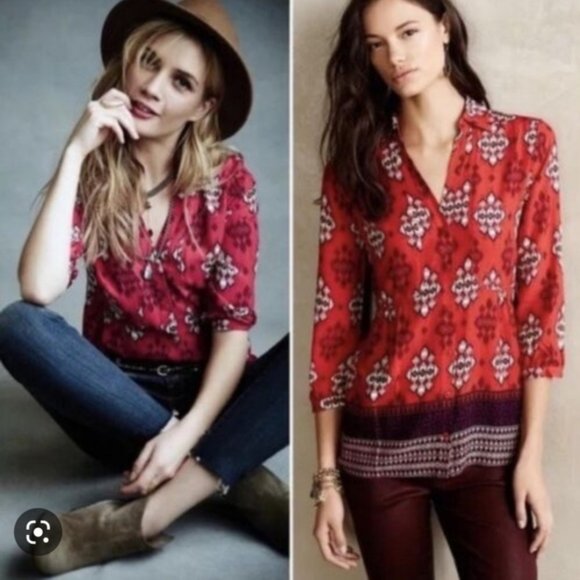 Anthropologie MAEVE Woodland Walk Geometric Aztec Red Button Up Blouse Size 8 - Picture 1 of 9